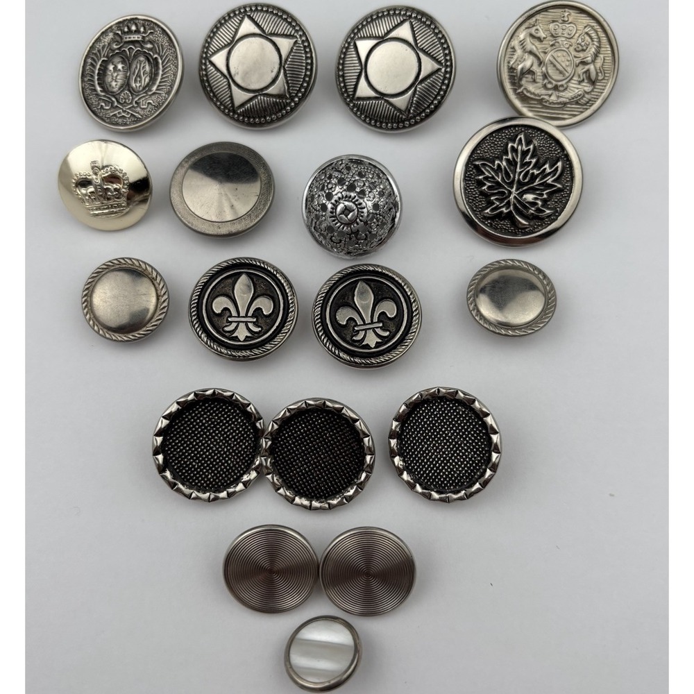 Vintage Silver Crest Button Lotβ β Fleur-de-Lis, Maple Leaf, Crown & Star, 15pcs